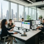 Digital marketing specialists managing search engine marketing campaigns in a Dubai office.
