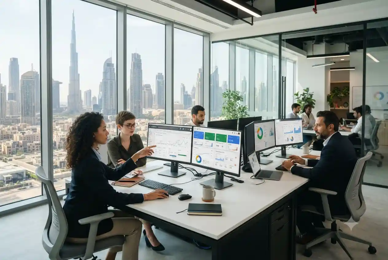 Digital marketing specialists managing search engine marketing campaigns in a Dubai office.