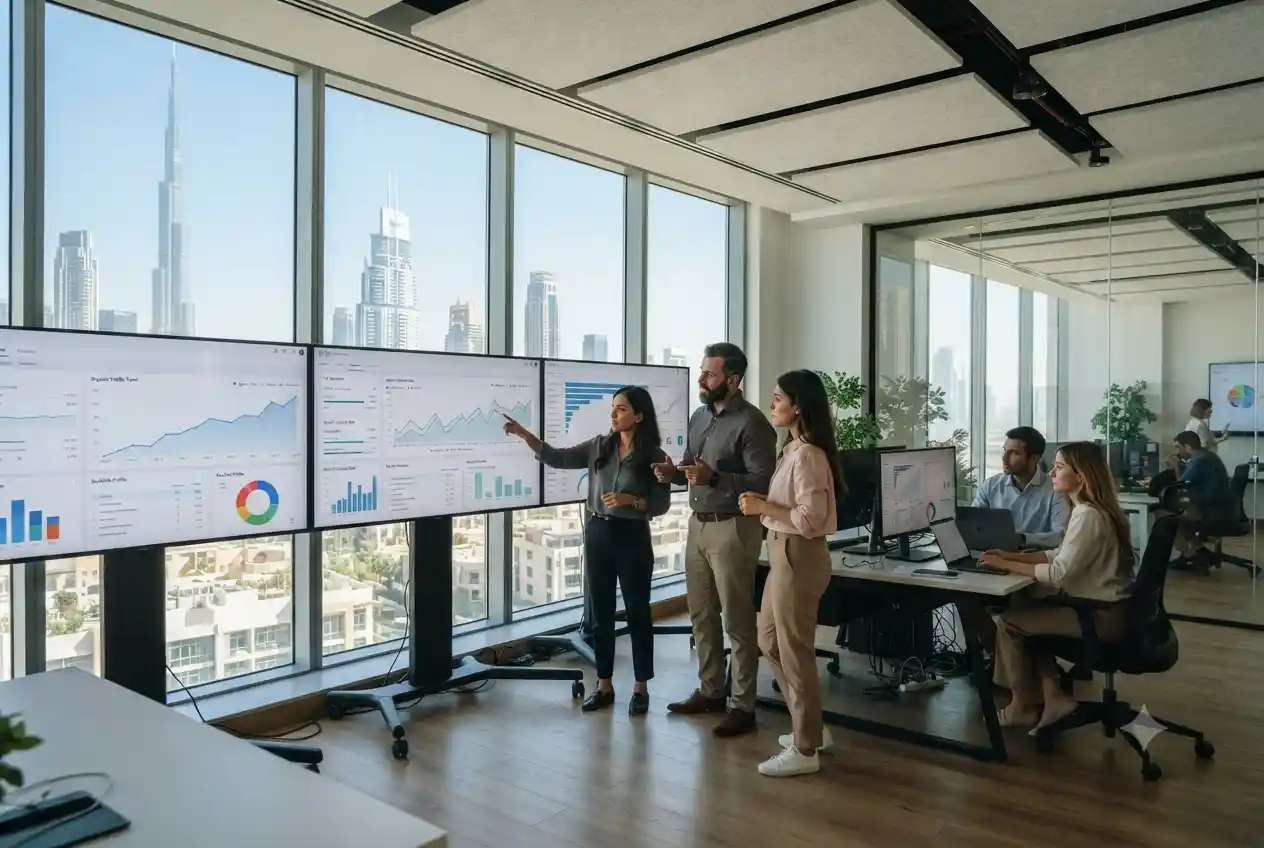 SEO professionals reviewing website optimization reports in a Dubai office
