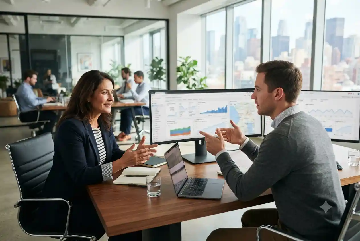 : Business owner discussing local SEO strategy with an SEO consultant