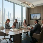 Professional real estate consultants assisting clients in a modern UAE property office.