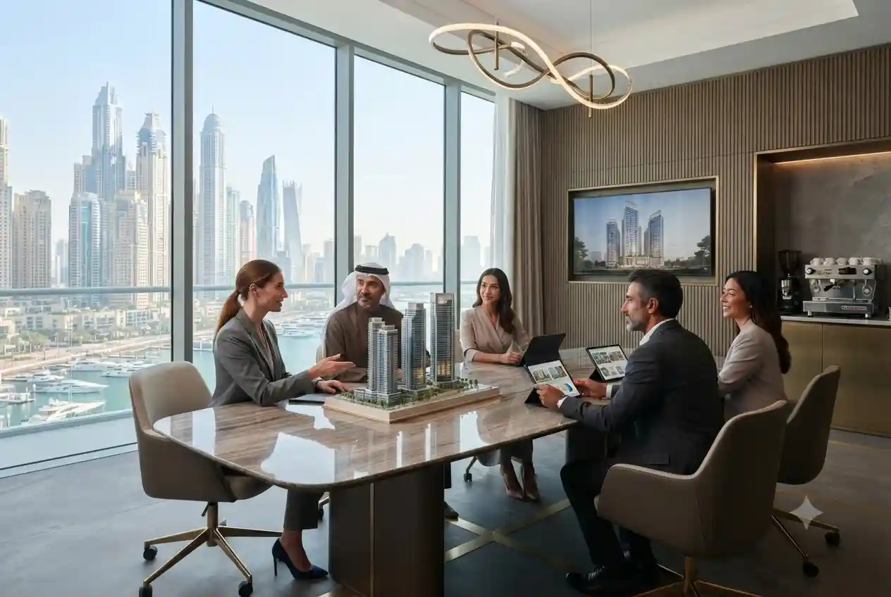 Professional real estate consultants assisting clients in a modern UAE property office.