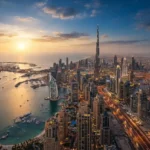 Aerial view of Dubai skyline and coastline for sky tourism