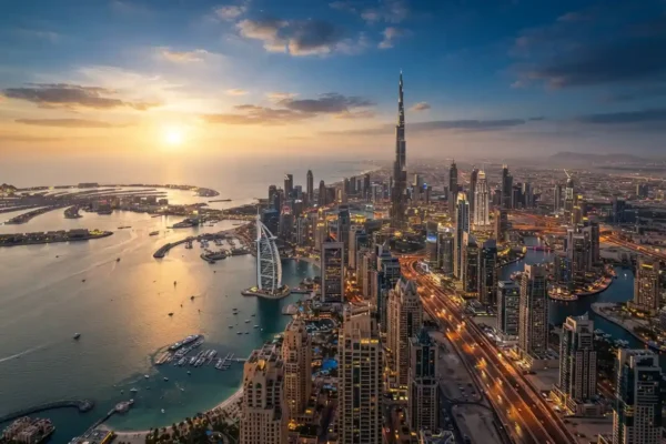 Aerial view of Dubai skyline and coastline for sky tourism