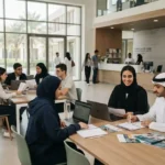 University students accessing student services and academic support in the UAE