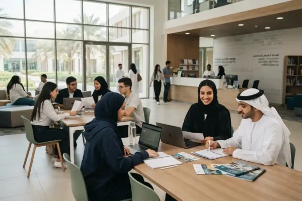 University students accessing student services and academic support in the UAE