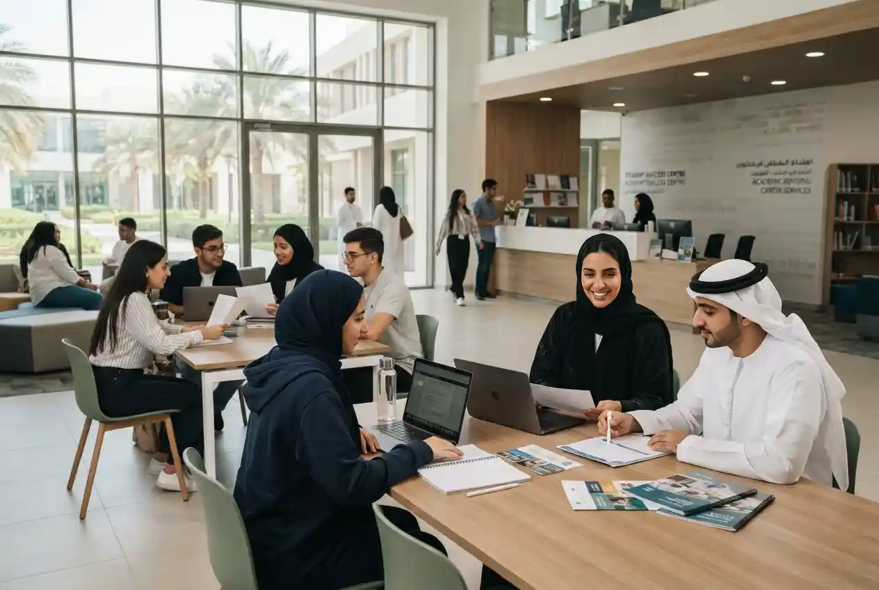 University students accessing student services and academic support in the UAE