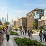 Students studying at a modern university campus in the UAE