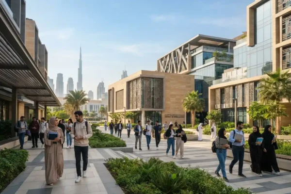Students studying at a modern university campus in the UAE