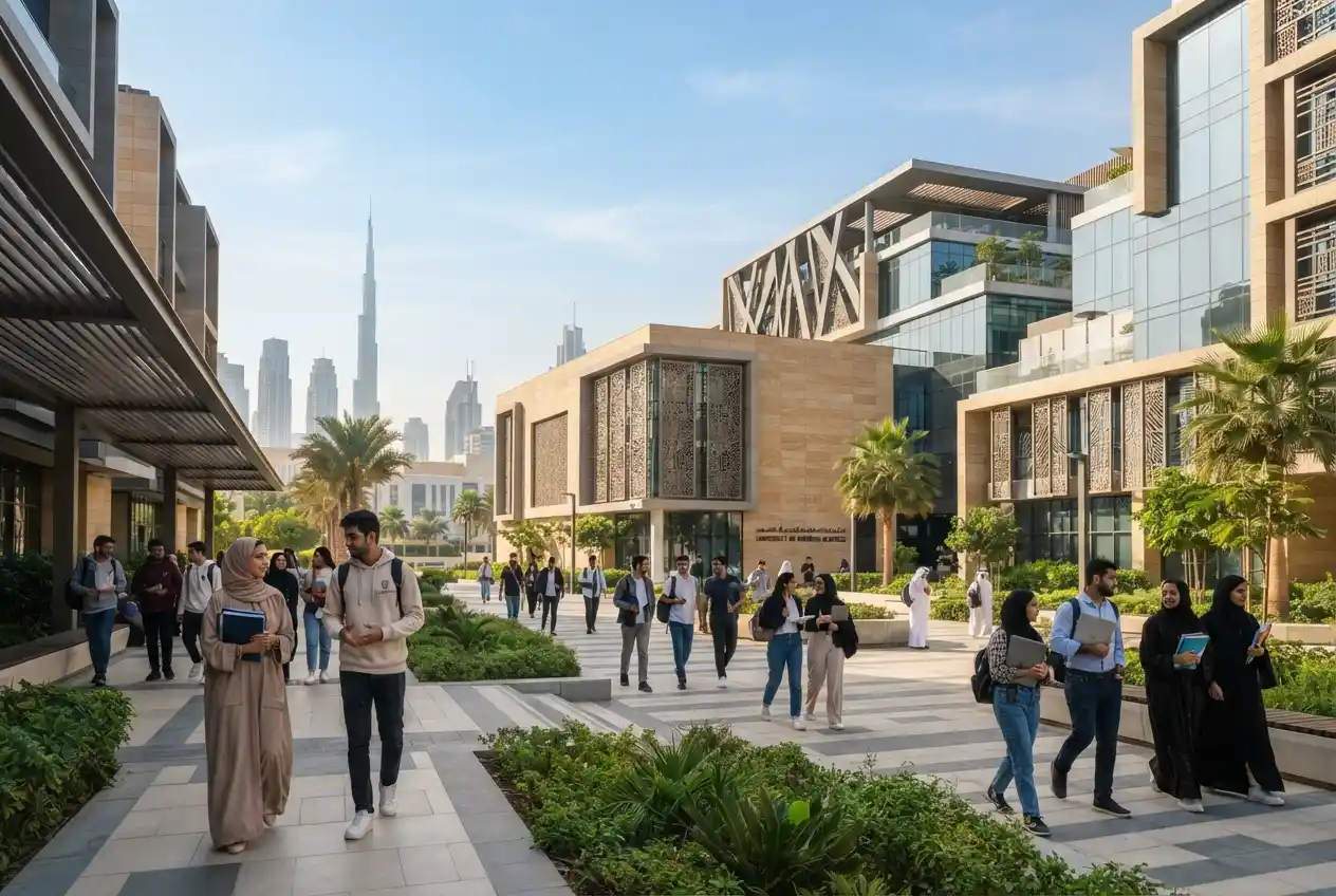 Students studying at a modern university campus in the UAE