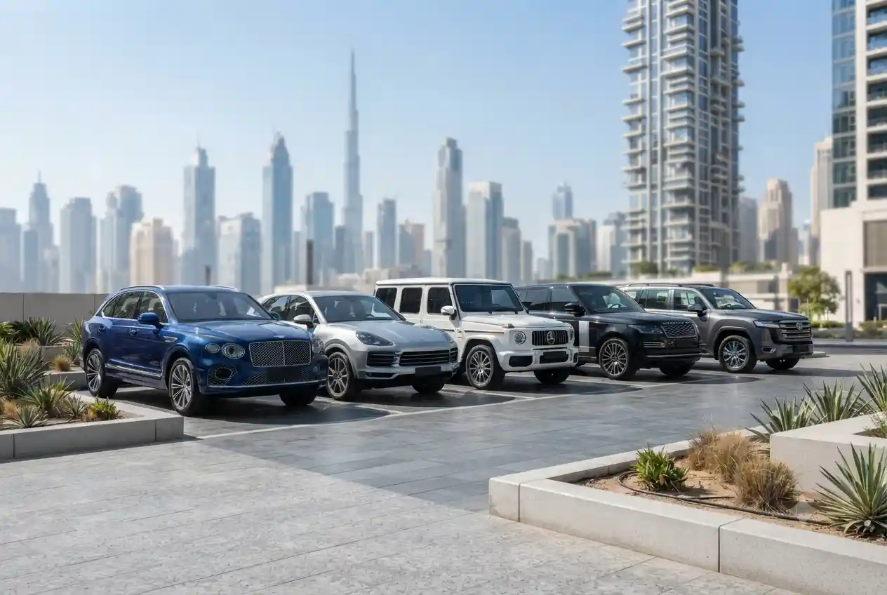 Collection of used SUVs parked at a dealership in Dubai representing the UAE used SUV market
