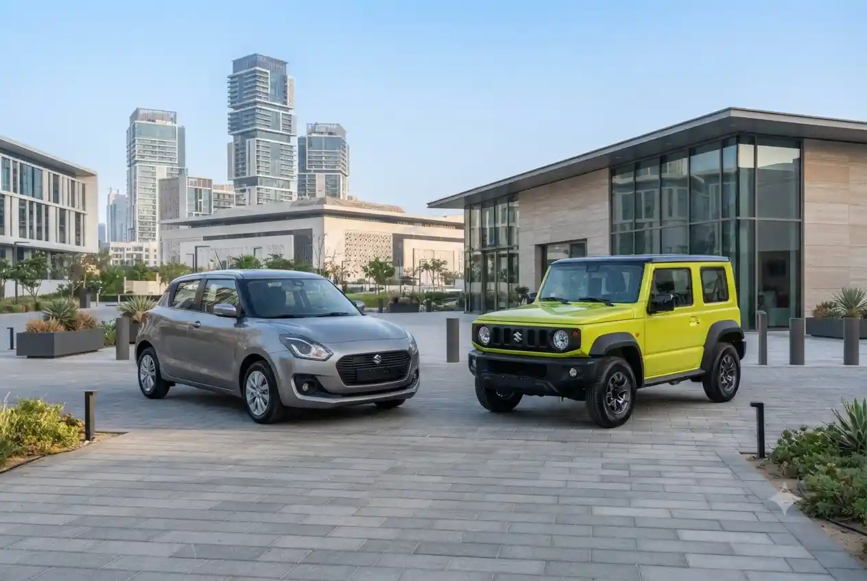 Used Suzuki Swift and Suzuki Jimny displayed at a dealership in the UAE