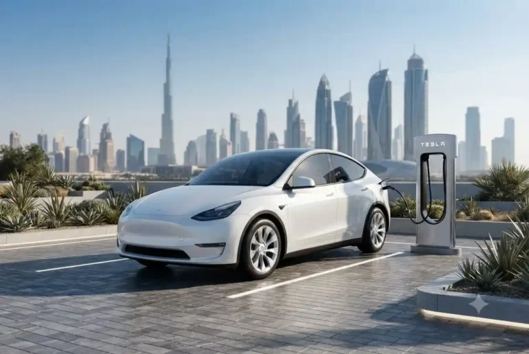 Used Tesla electric car charging at an EV station in Dubai UAE