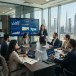 Business analysts reviewing market research data in a modern Dubai office.
