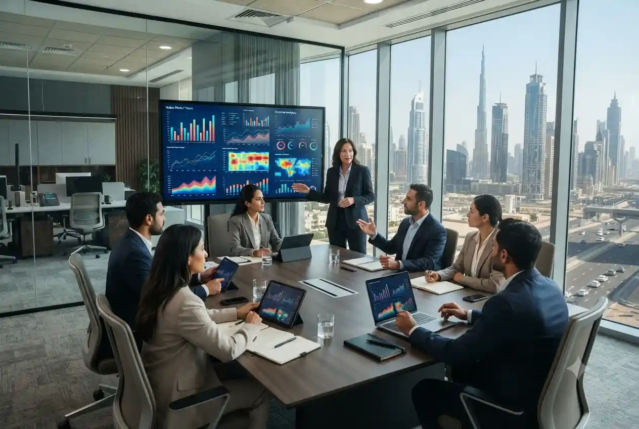 Business analysts reviewing market research data in a modern Dubai office.