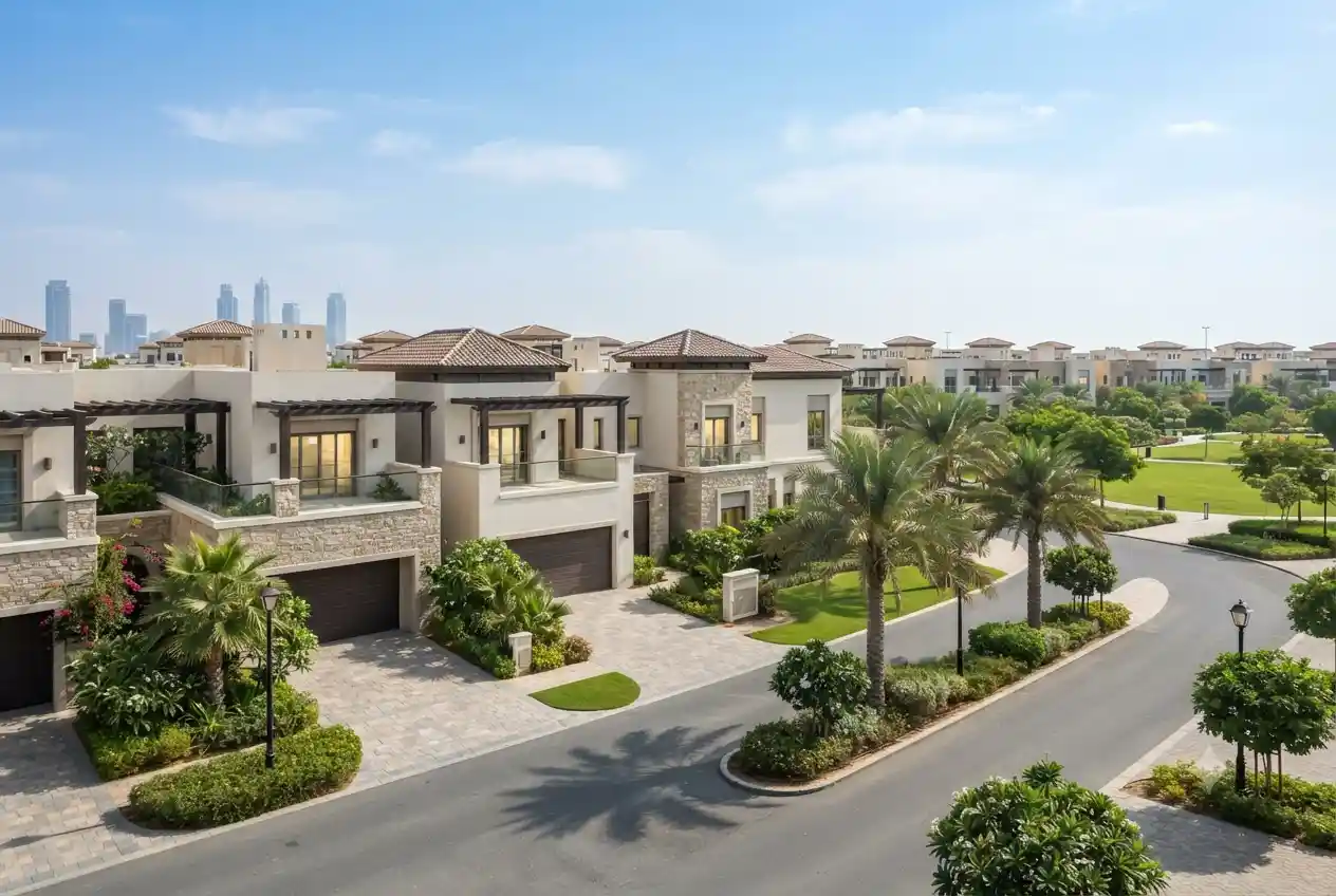 Modern townhouse development in Dubai with landscaped streets and contemporary homes.