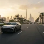 Toyota hybrid car driving in Dubai UAE
