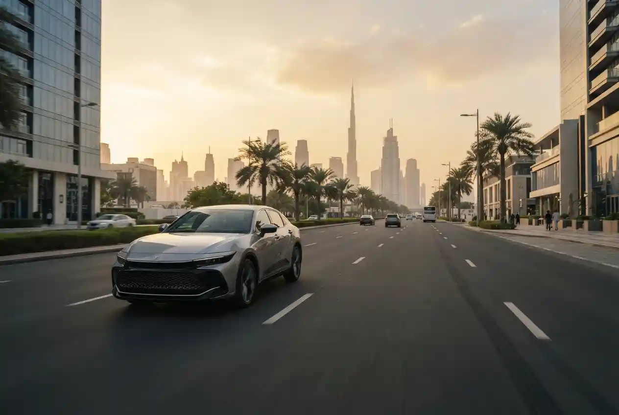 Toyota hybrid car driving in Dubai UAE