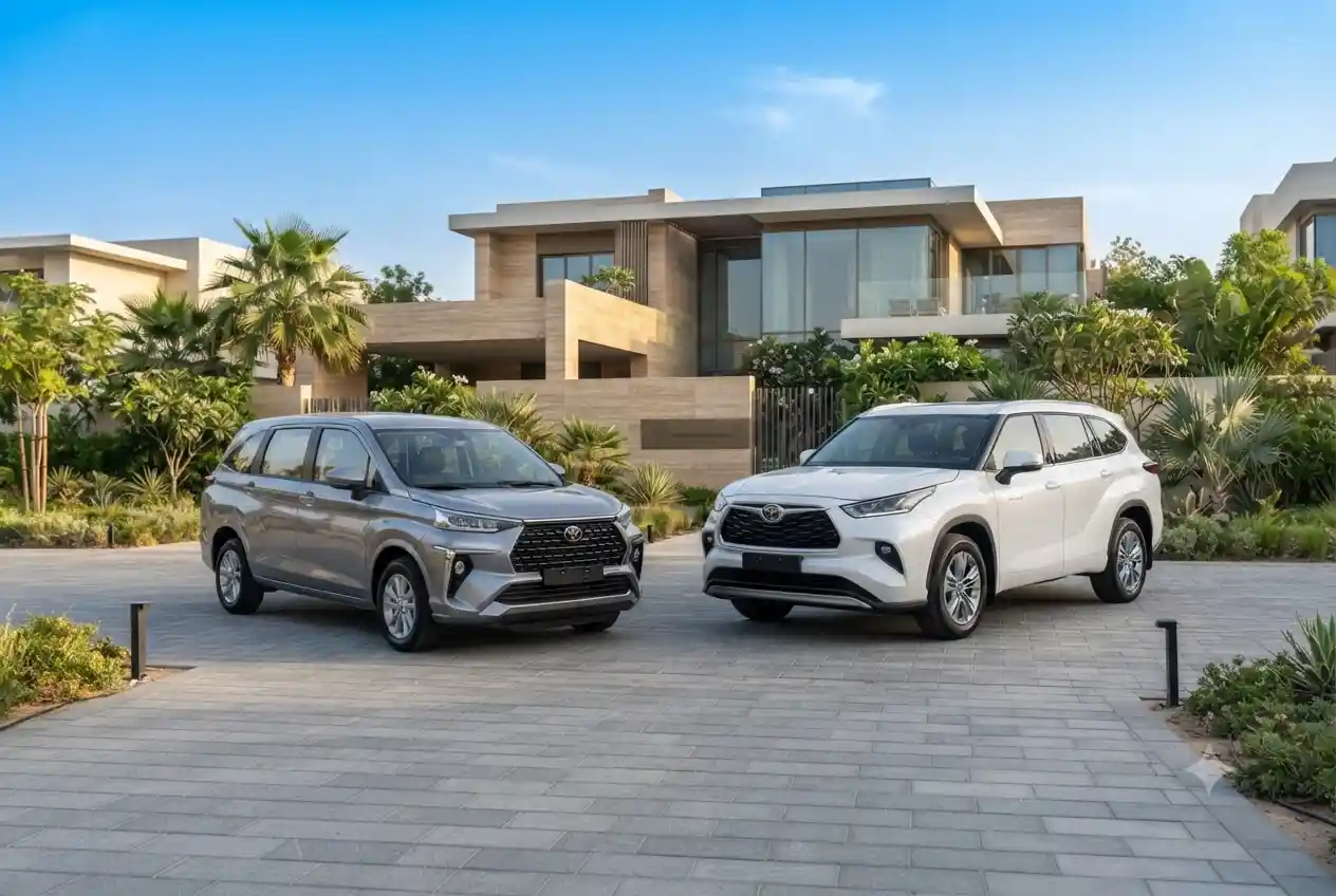Used Toyota Avanza and Toyota Highlander parked in a UAE residential area