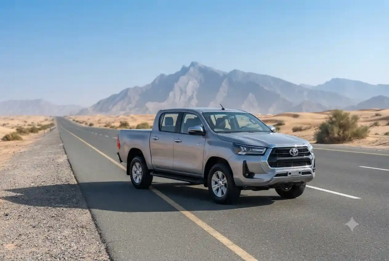 Used Toyota Hilux pickup truck parked on a UAE highway