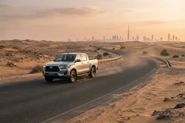Toyota pickup truck driving in UAE desert