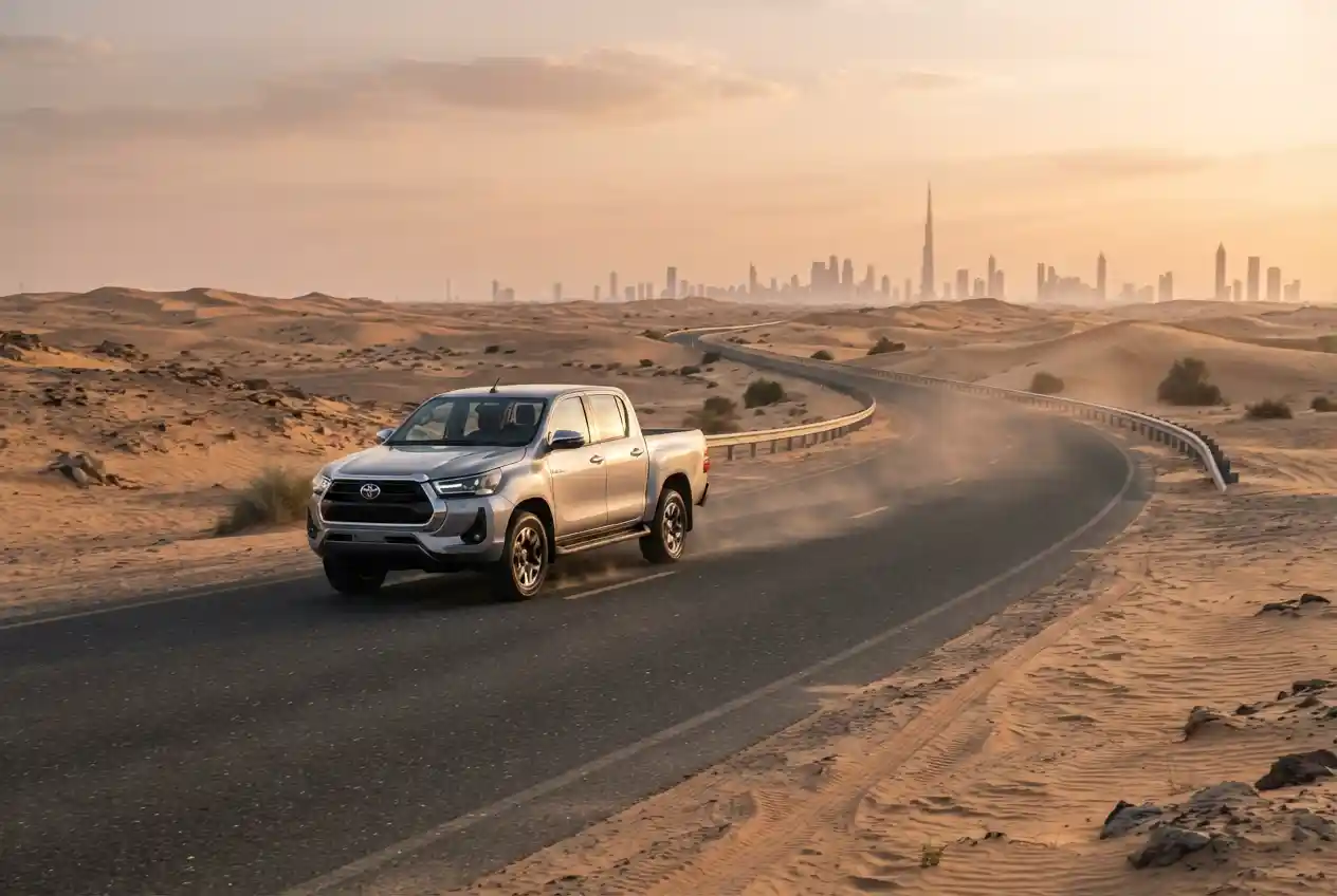 Toyota pickup truck driving in UAE desert