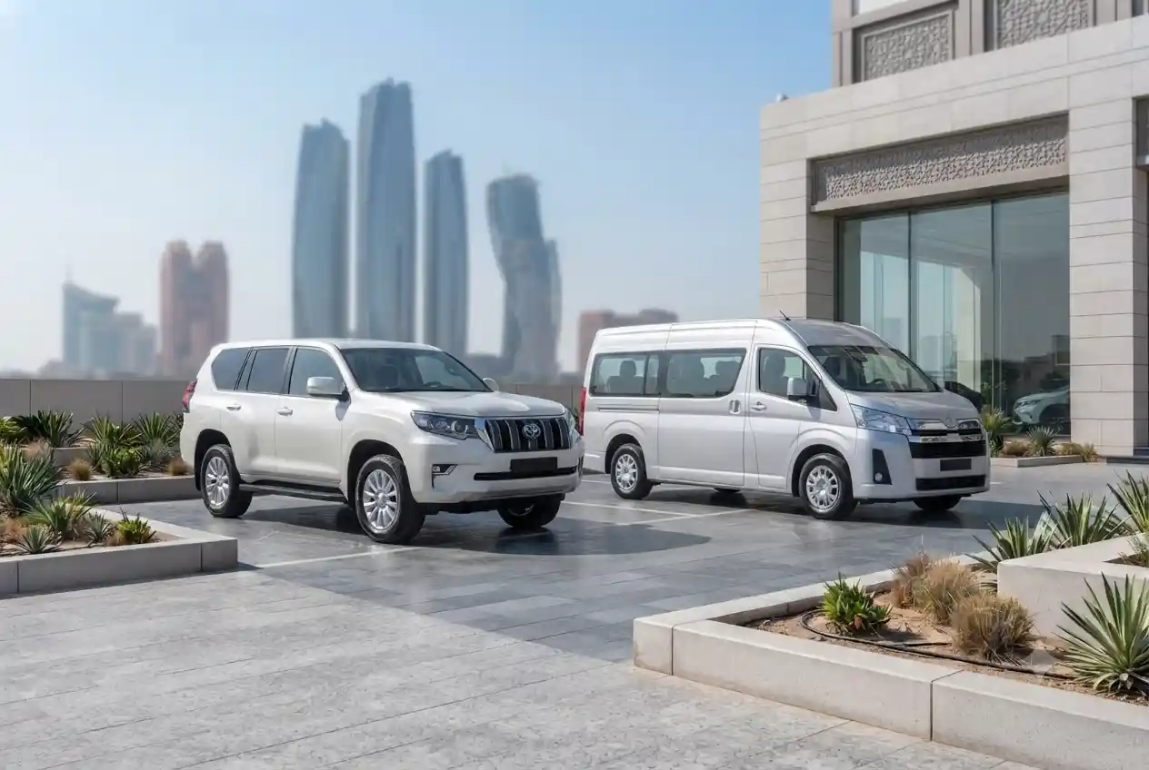 : Used Toyota Prado and Toyota Hiace available at a dealership in Abu Dhabi