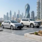 Used Toyota vehicles displayed at a dealership in Dubai