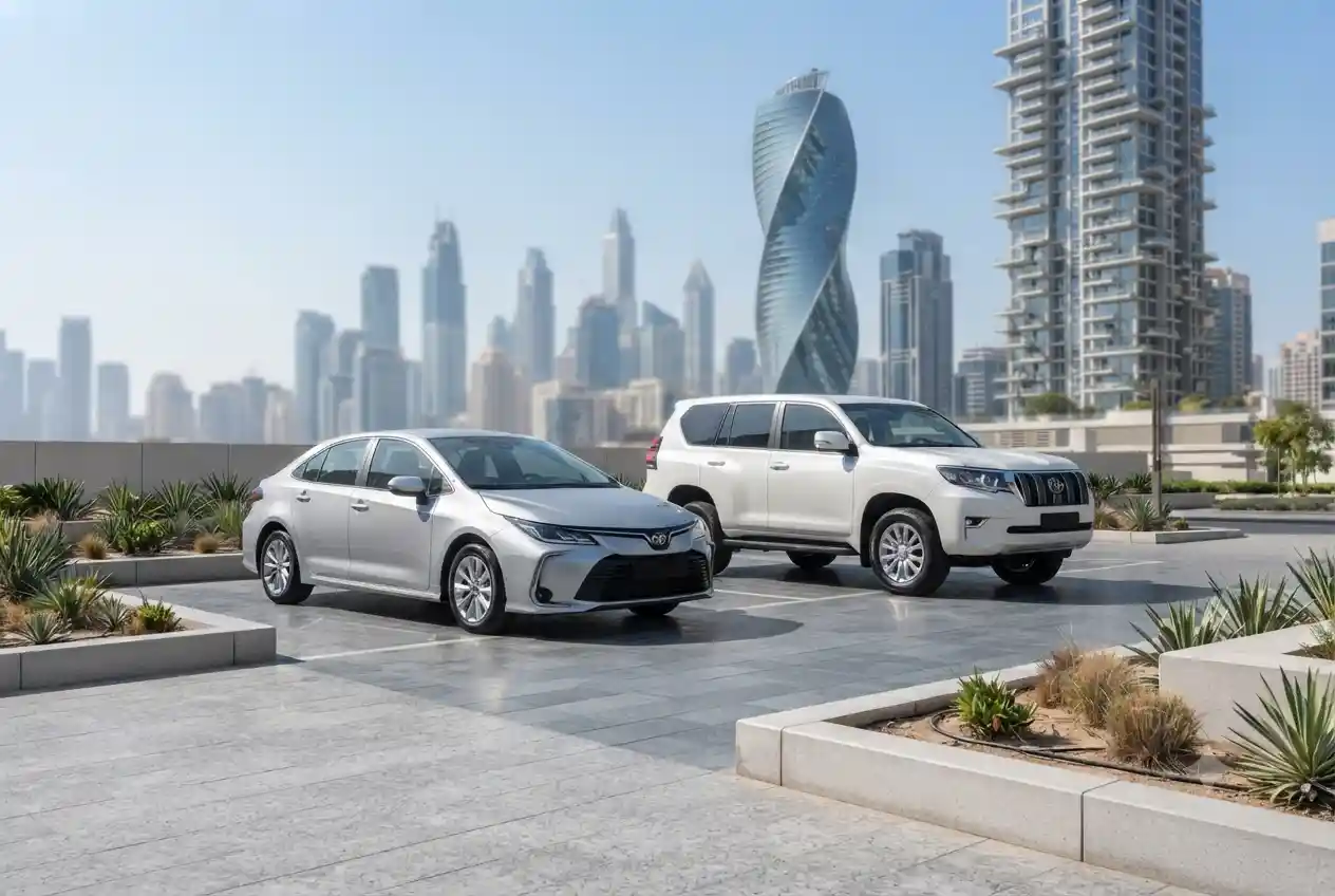 Used Toyota vehicles displayed at a dealership in Dubai