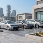 Used Toyota Corolla, Camry, and Prado displayed at a dealership in Sharjah