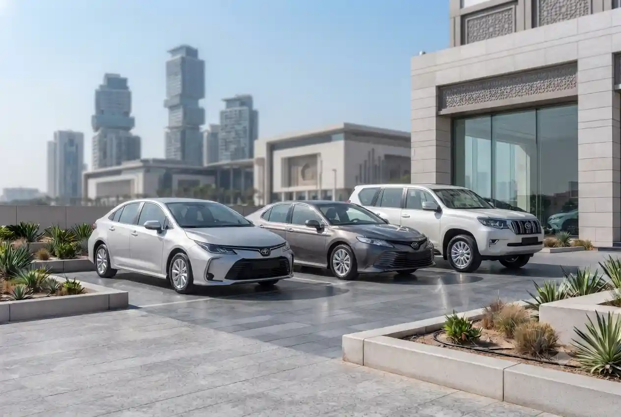 Used Toyota Corolla, Camry, and Prado displayed at a dealership in Sharjah