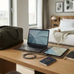 Universal travel adapter with electronic devices and travel accessories