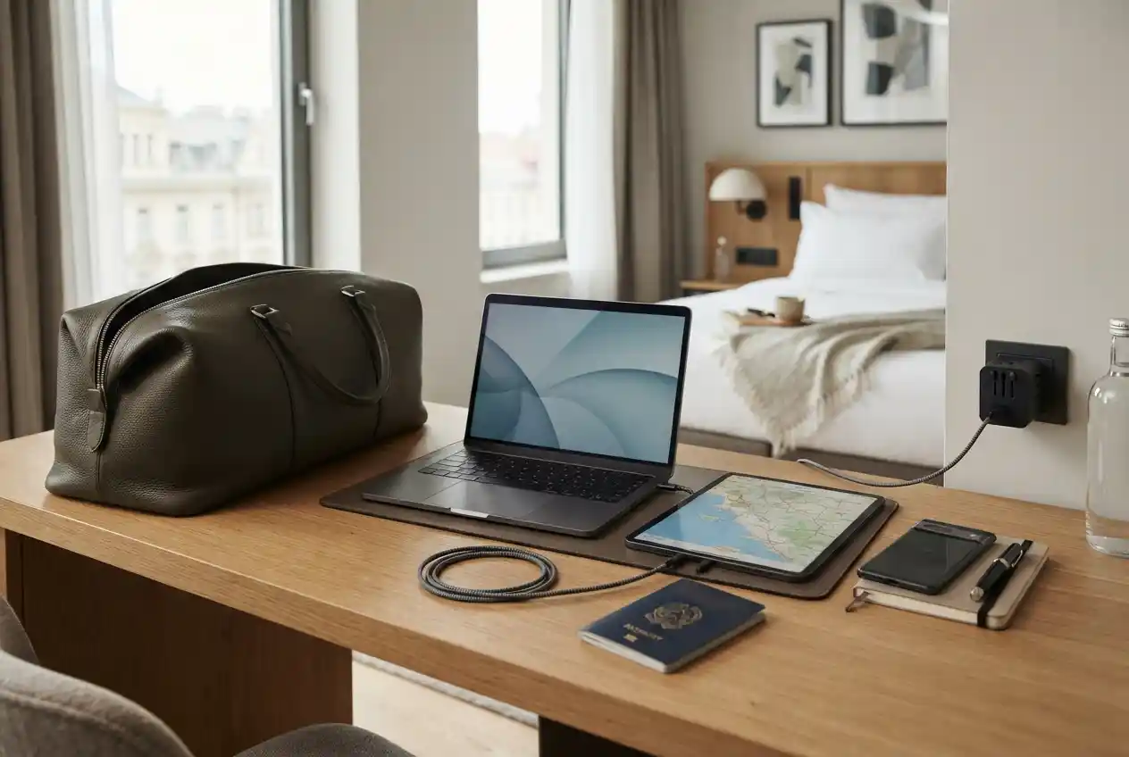Universal travel adapter with electronic devices and travel accessories