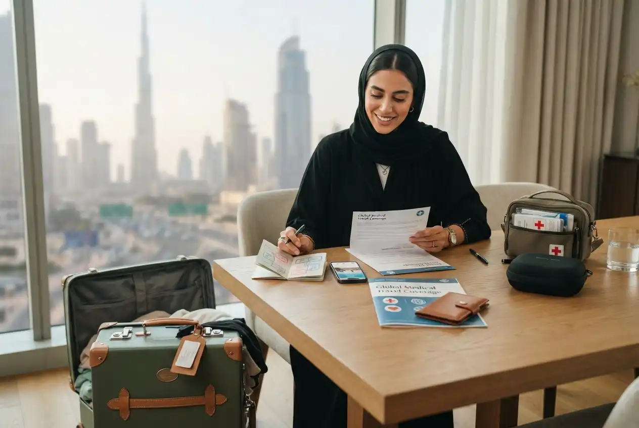 UAE traveler preparing travel medical insurance for an international trip