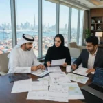 Trade finance professionals reviewing international trade documents