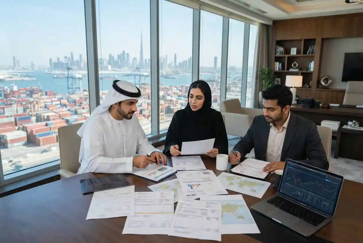 Trade finance professionals reviewing international trade documents