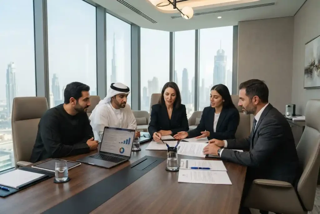 Business professionals reviewing commercial legal documents in the UAE
