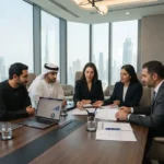 Business professionals reviewing commercial legal documents in the UAE