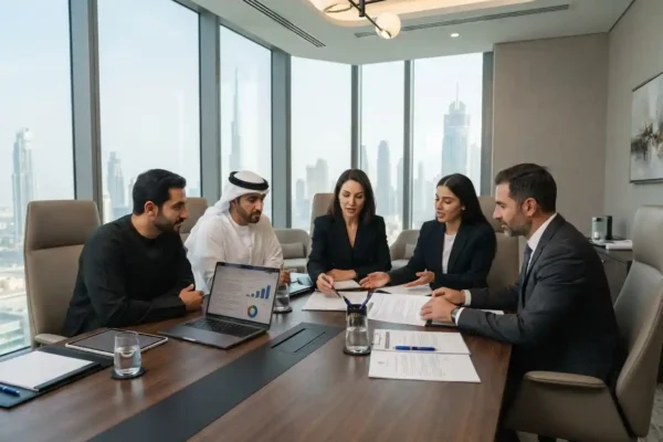 Business professionals reviewing commercial legal documents in the UAE
