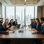 Business professionals negotiating commercial terms in a modern UAE office