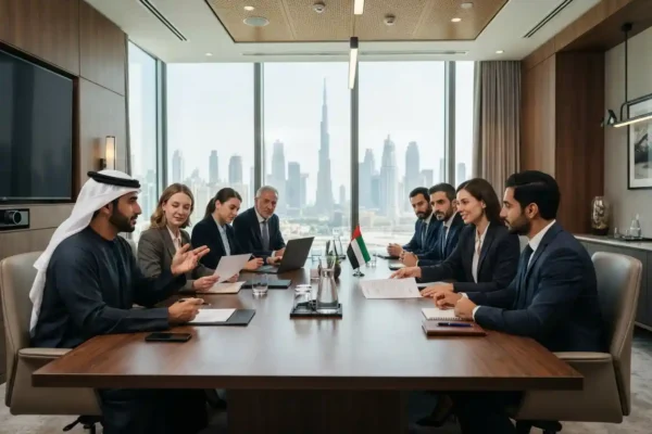 Business professionals negotiating commercial terms in a modern UAE office