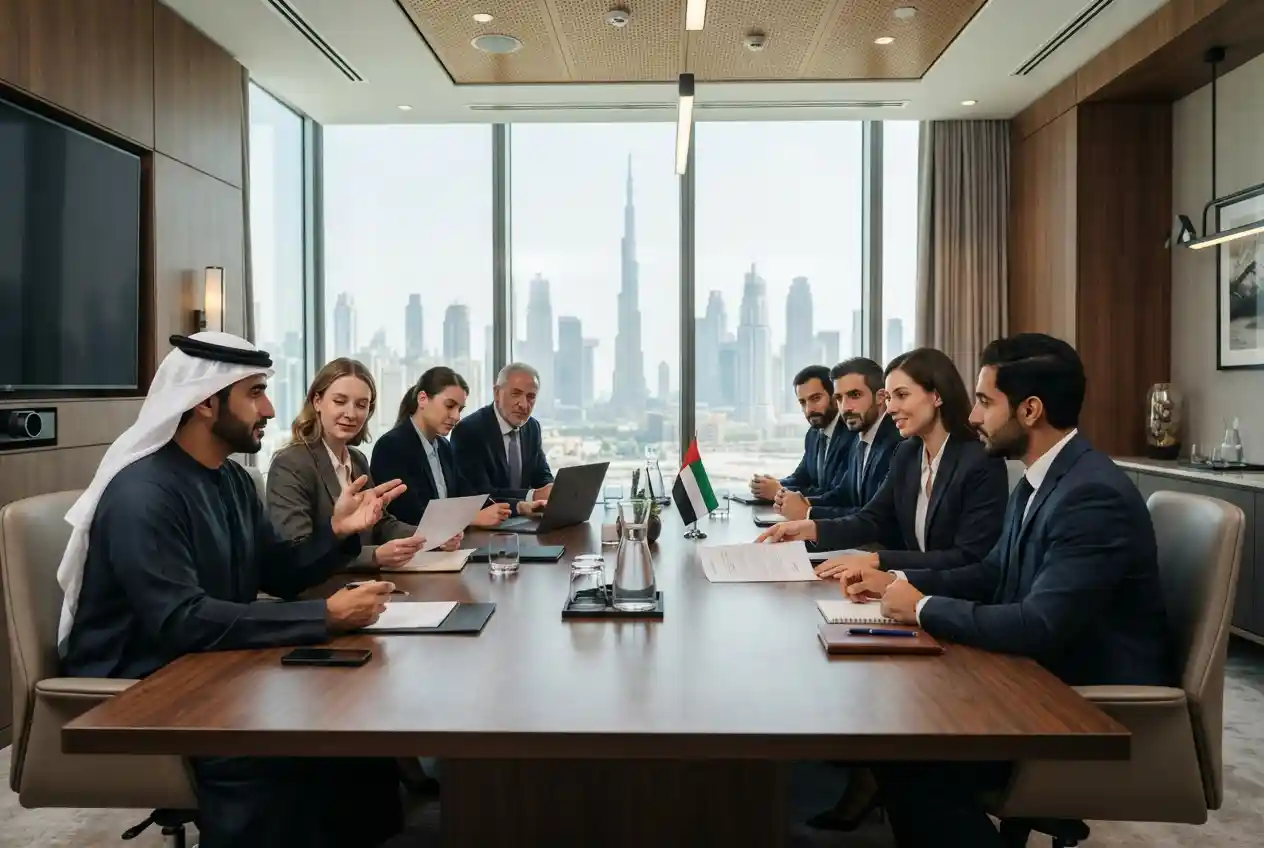 Business professionals negotiating commercial terms in a modern UAE office