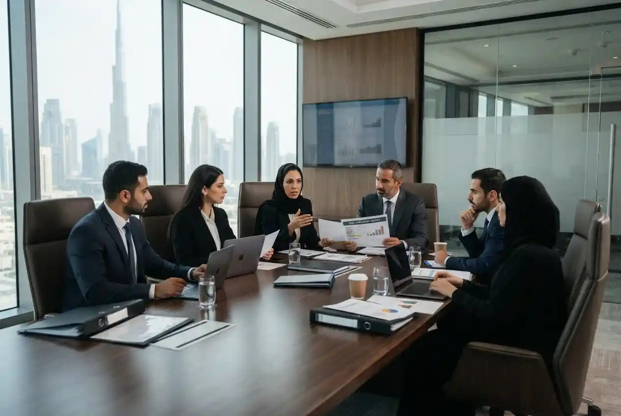 UAE business executives reviewing business risk management strategies