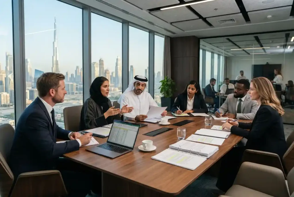 UAE business professionals reviewing commercial contracts in a modern office