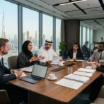 UAE business professionals reviewing commercial contracts in a modern office