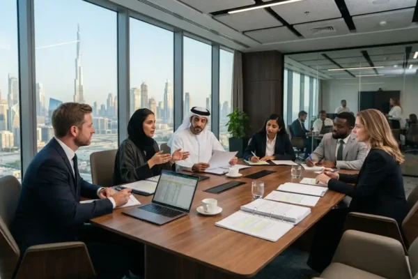 UAE business professionals reviewing commercial contracts in a modern office