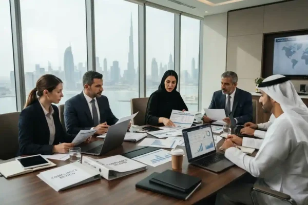 UAE compliance professionals reviewing regulatory and KYC documents