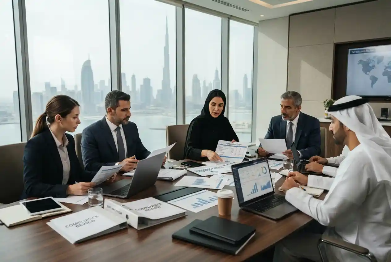 UAE compliance professionals reviewing regulatory and KYC documents