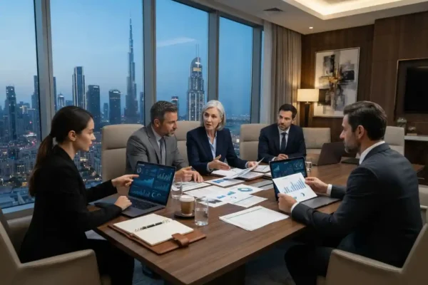 Corporate finance advisers reviewing financial strategy in Dubai