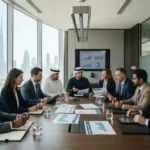 Board members and executives discussing corporate governance in a UAE office